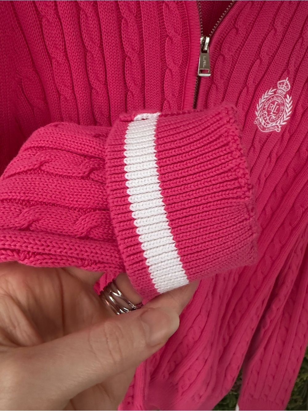 Lauren Ralph Lauren Active XL Hot Pink Cable Knit Full Zip Cotton Sweater - Picture 4 of 7